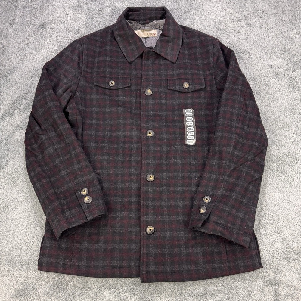 Utex Wool Shacket Shirt Men‎ M Burgundy Gray Gingham Button Front Pockets Lined